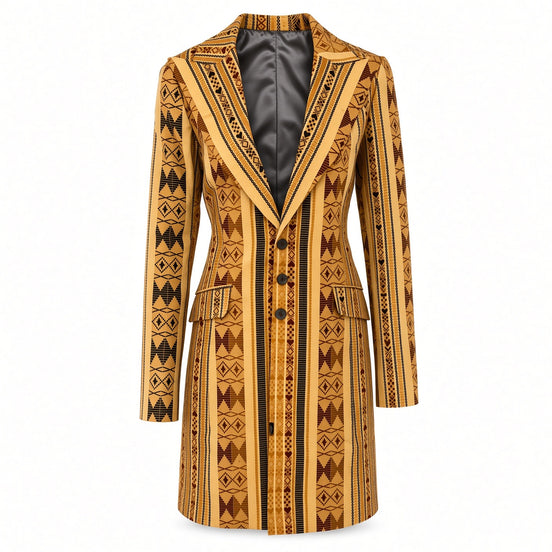 Gold geometric Kente print longline Ankara coat front view on white background