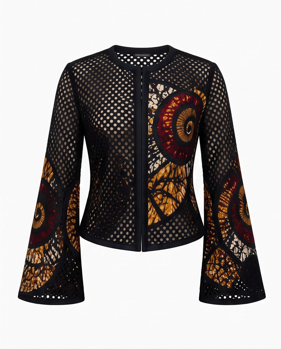 Mesh & Ankara Appliqué Jacket — Black