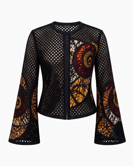 Mesh & Ankara Appliqué Jacket — Black