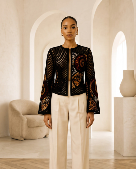 Mesh & Ankara Appliqué Jacket — Black