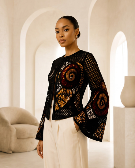 Mesh & Ankara Appliqué Jacket — Black