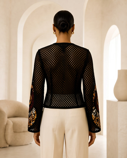 Mesh & Ankara Appliqué Jacket — Black