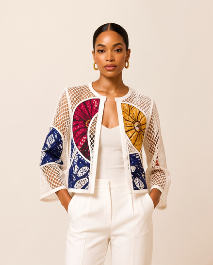 Mesh & Ankara Appliqué Jacket — White — Sunburst