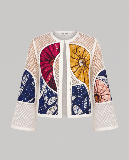 Mesh & Ankara Appliqué Jacket — White — Sunburst