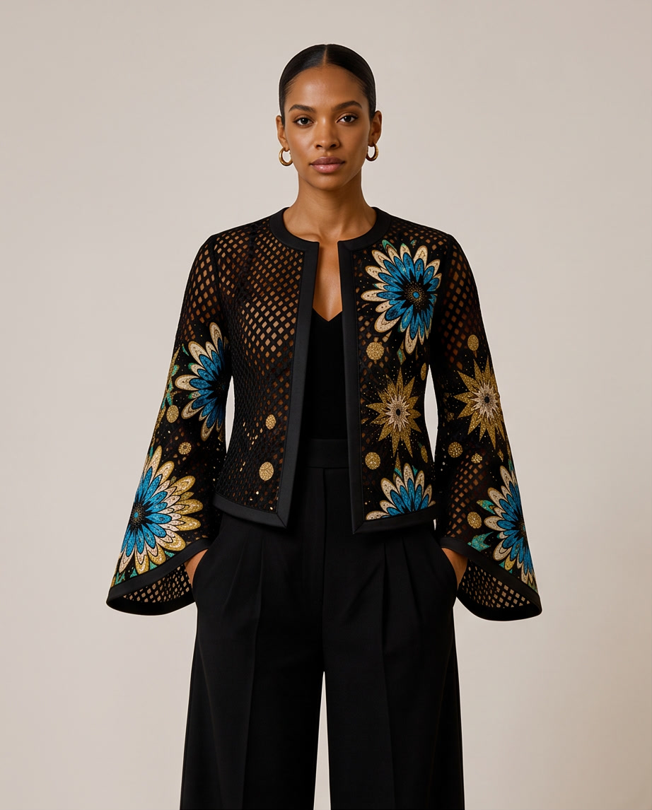 Mesh & Ankara Appliqué Jacket — Black