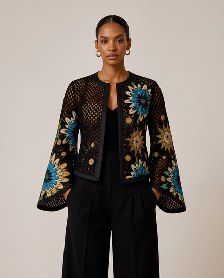Mesh & Ankara Appliqué Jacket — Black