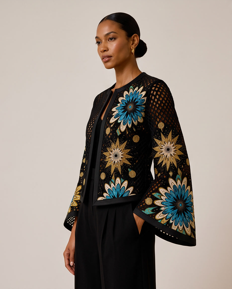 Mesh & Ankara Appliqué Jacket — Black