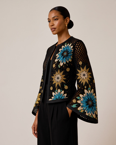 Mesh & Ankara Appliqué Jacket — Black