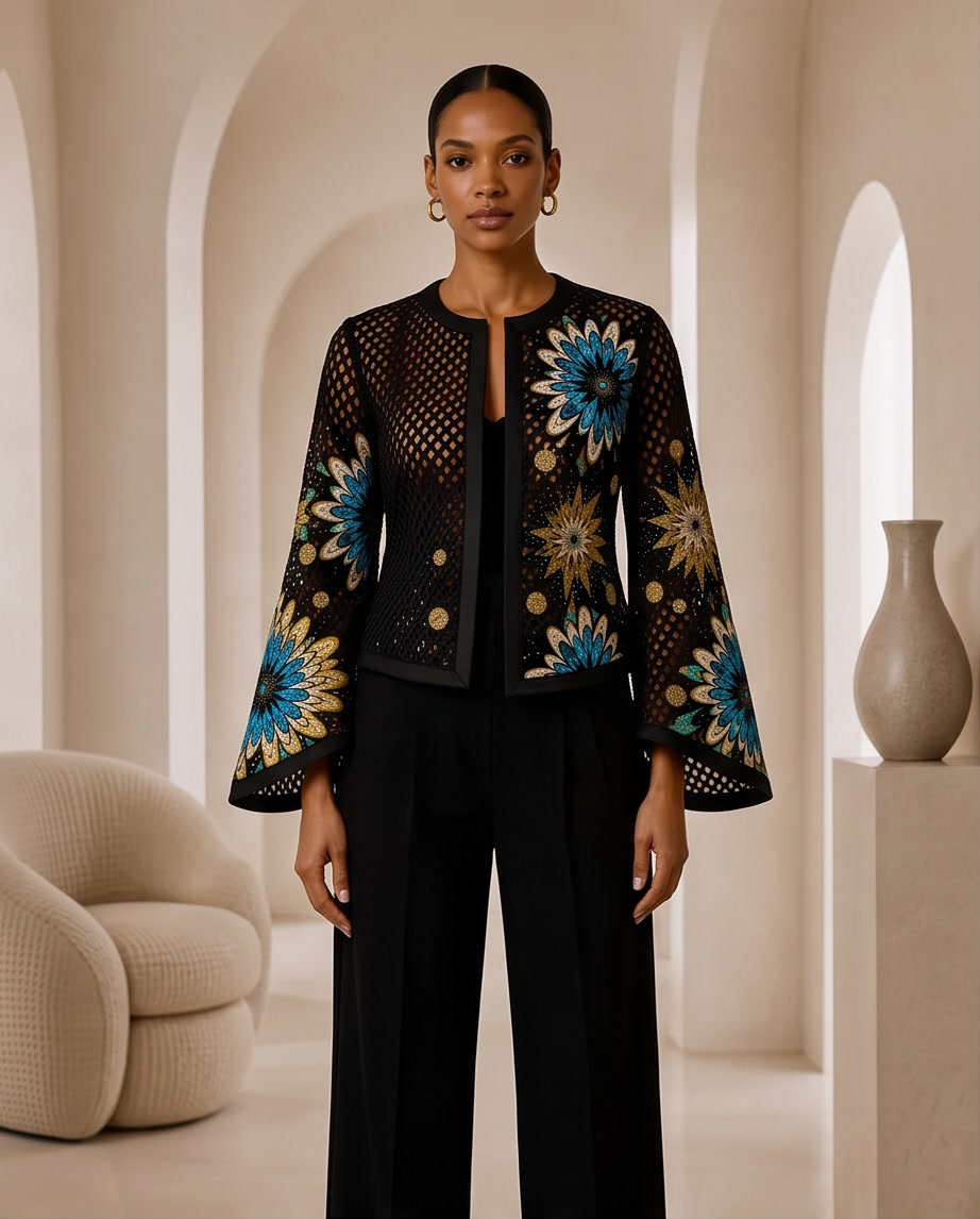 Mesh & Ankara Appliqué Jacket — Black
