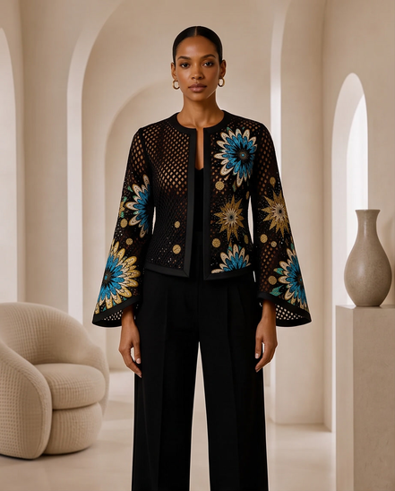 Mesh & Ankara Appliqué Jacket — Black