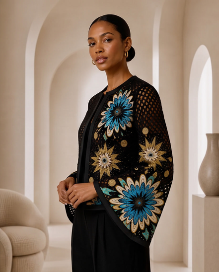 Mesh & Ankara Appliqué Jacket — Black