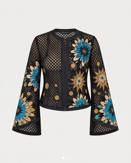 Mesh & Ankara Appliqué Jacket — Black