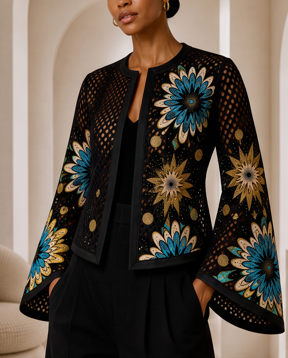 Mesh & Ankara Appliqué Jacket — Black
