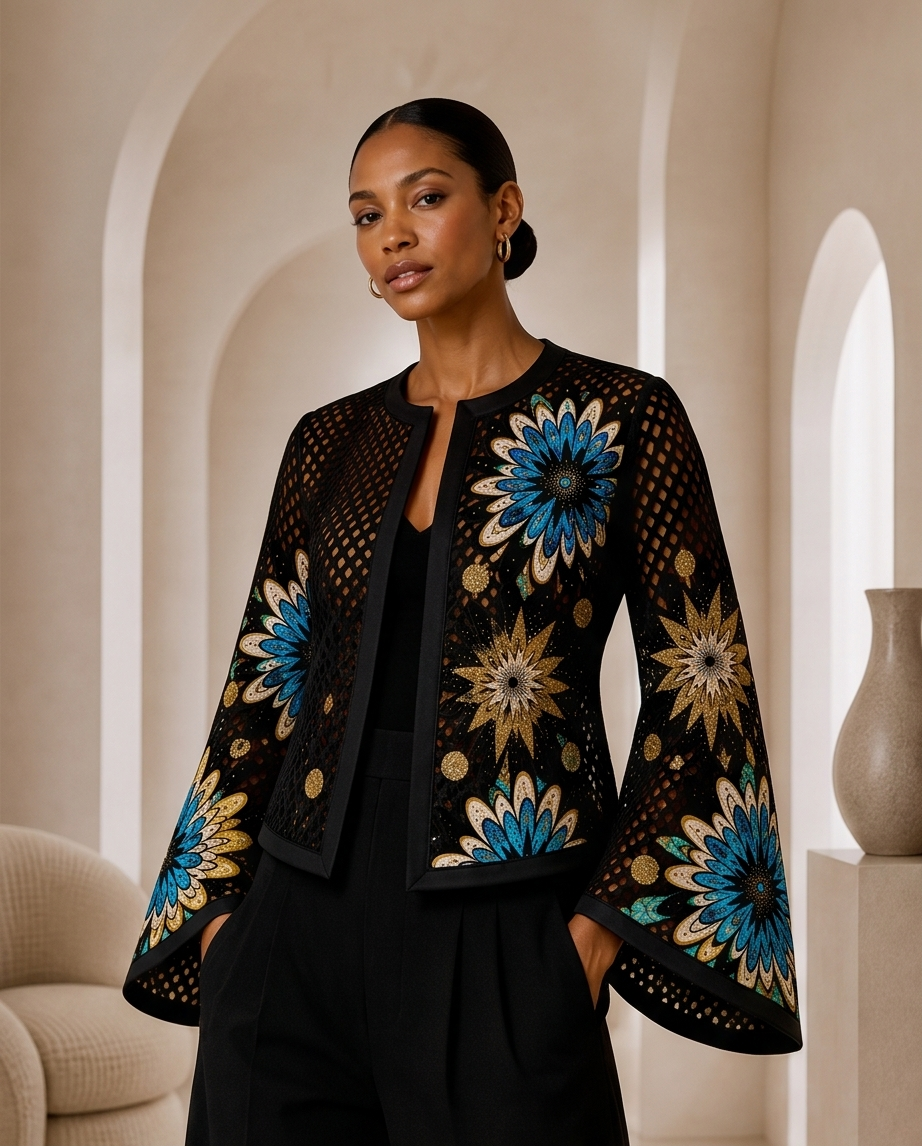 Mesh & Ankara Appliqué Jacket — Black