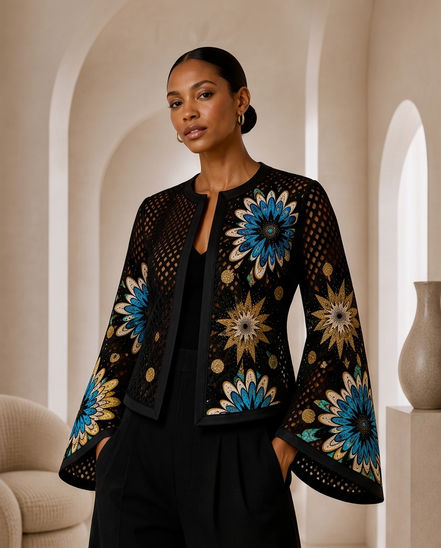Mesh & Ankara Appliqué Jacket — Black