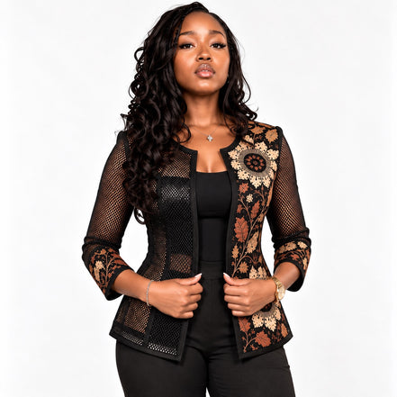 Black Floral Embroidered Mesh Jacket
