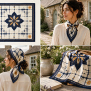 Adire Star Silk-Like Scarf – Navy & Gold