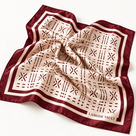 Burgundy and cream Adire-inspired silk satin scarf softly draped