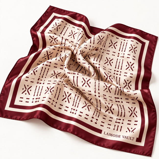Burgundy and cream Adire-inspired silk satin scarf softly draped