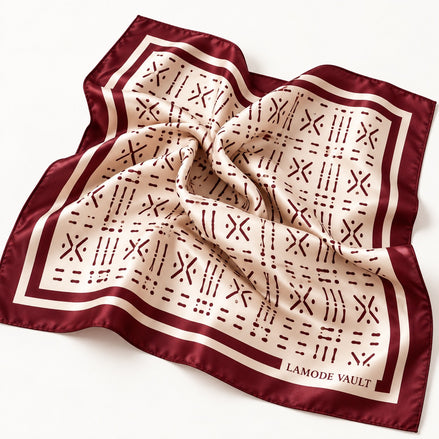 Burgundy and cream Adire-inspired silk satin scarf softly draped
