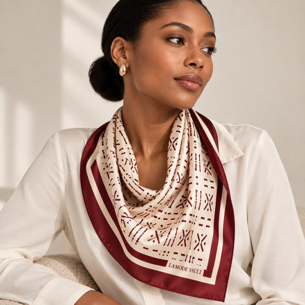 Burgundy Adire-inspired silk square scarf styled loosely around the neck