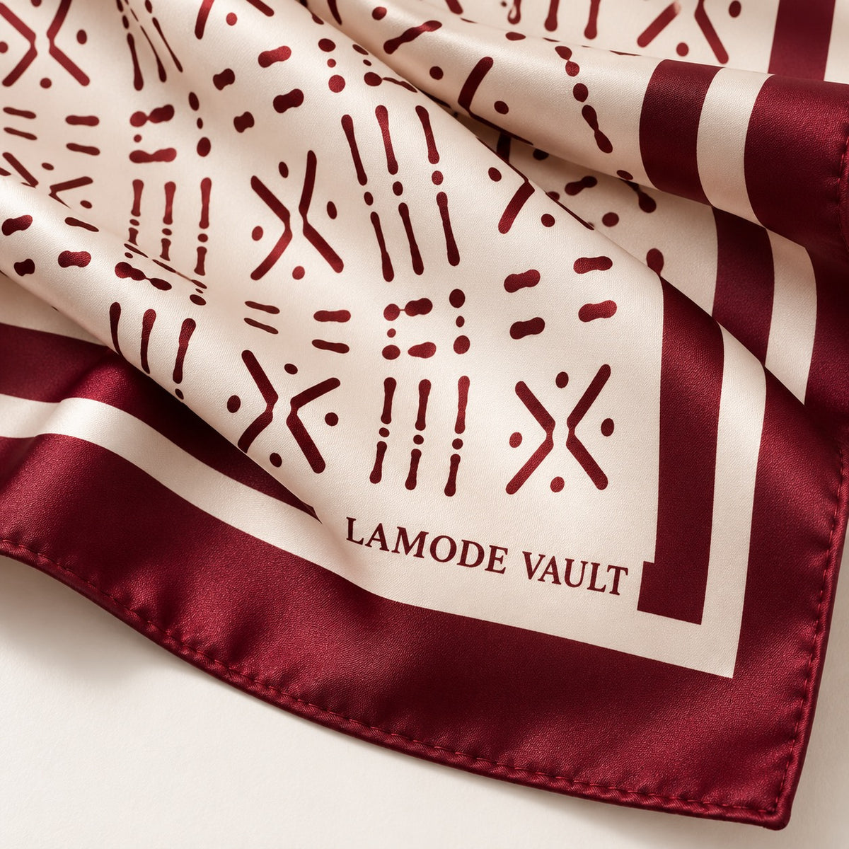 Close-up of burgundy Adire-inspired silk scarf with hand-rolled edge