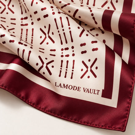 Close-up of burgundy Adire-inspired silk scarf with hand-rolled edge