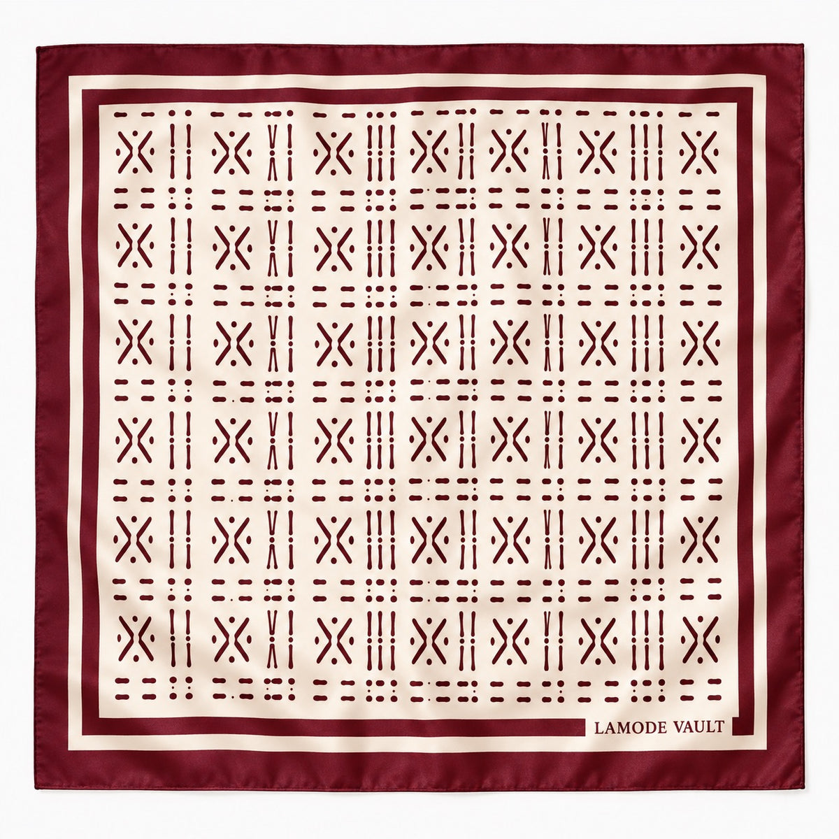 Lamode Vault burgundy Adire-inspired 100% silk satin square scarf, 70 x 70 cm
