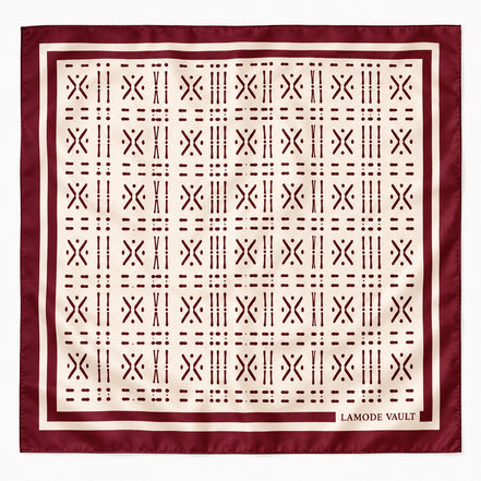 Lamode Vault burgundy Adire-inspired 100% silk satin square scarf, 70 x 70 cm