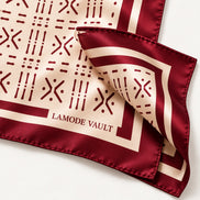 Lamode Vault signature detail on burgundy 100% silk satin scarf