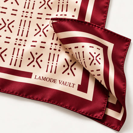 Lamode Vault signature detail on burgundy 100% silk satin scarf