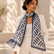 Woman wearing Lamode Vault Midnight Navy silk chiffon long scarf