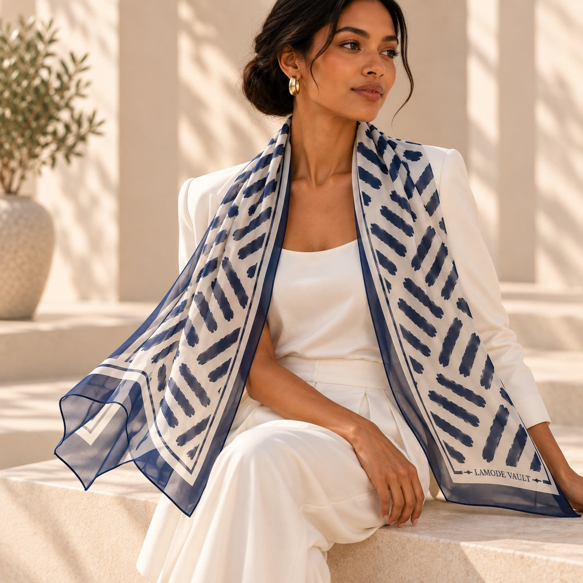 Midnight Navy silk chiffon long scarf elegantly draped over the shoulders