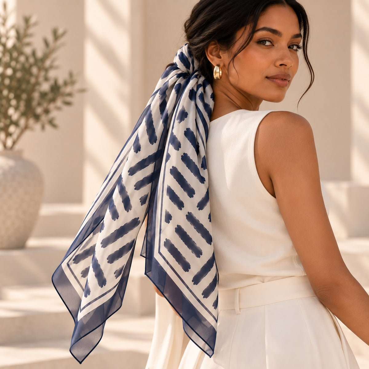 Close-up of Midnight Navy silk chiffon scarf with machine-rolled edge