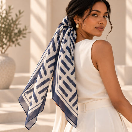 Close-up of Midnight Navy silk chiffon scarf with machine-rolled edge