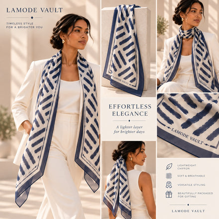 Lamode Vault signature detail on Midnight Navy silk chiffon long scarf