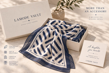 One-sided print and sheer silk chiffon detail on Lamode Vault Midnight Navy scarf