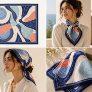 Adire Wave Silk-Like Scarf – Navy, Blush & Sage