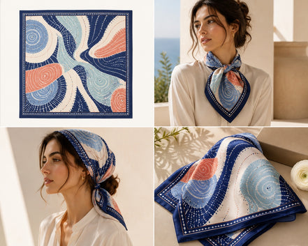 Adire Wave Silk-Like Scarf – Navy, Blush & Sage