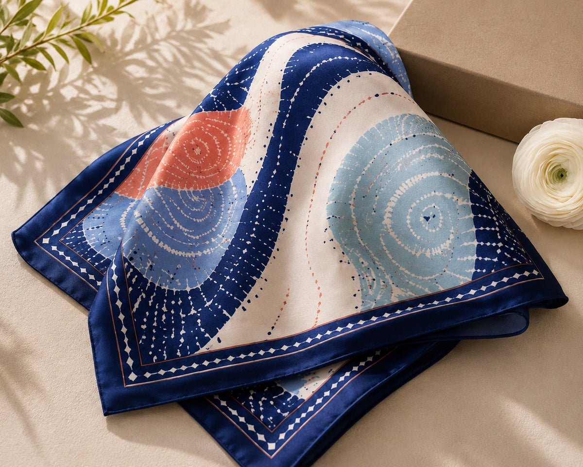 Adire Wave Silk-Like Scarf – Navy, Blush & Sage