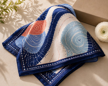 Adire Wave Silk-Like Scarf – Navy, Blush & Sage