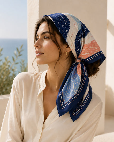 Adire Wave Silk-Like Scarf – Navy, Blush & Sage