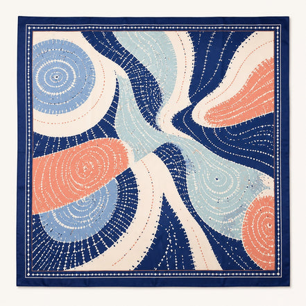 Adire Wave Silk-Like Scarf – Navy, Blush & Sage