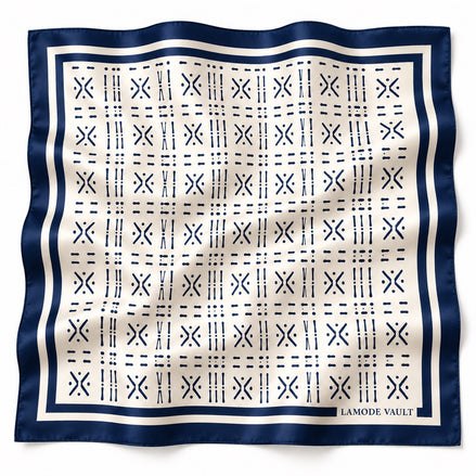 Lamode Vault Midnight Navy Adire-inspired 100% silk square scarf, 70 x 70 cm