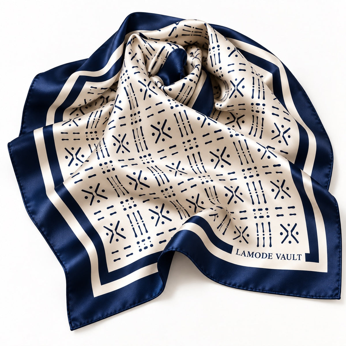 Midnight Navy and cream Adire-inspired silk satin scarf softly draped