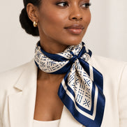 Midnight Navy Adire-inspired silk square scarf loosely styled around the neck