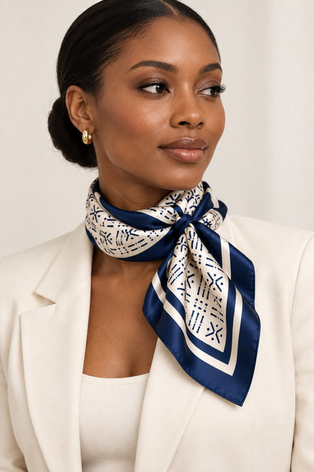 Midnight Navy Adire-inspired silk square scarf loosely styled around the neck