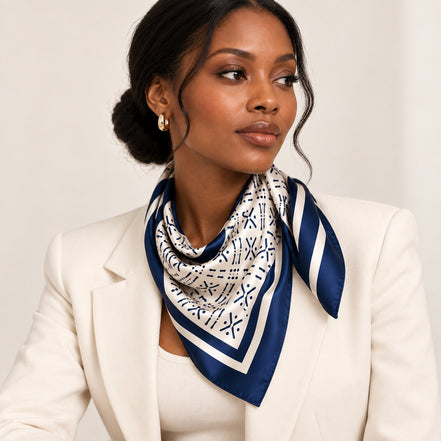 Woman wearing Lamode Vault Midnight Navy silk square scarf around her neck