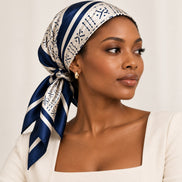 Woman wearing Midnight Navy and cream silk square scarf as a headscarf