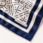 Lamode Vault signature detail on Midnight Navy 100% silk satin scarf